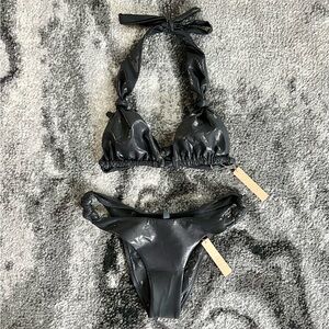 Skims Onyx Liquid Shine Knotted Micro Triangle Top & Cheeky Tanga Bottom Set